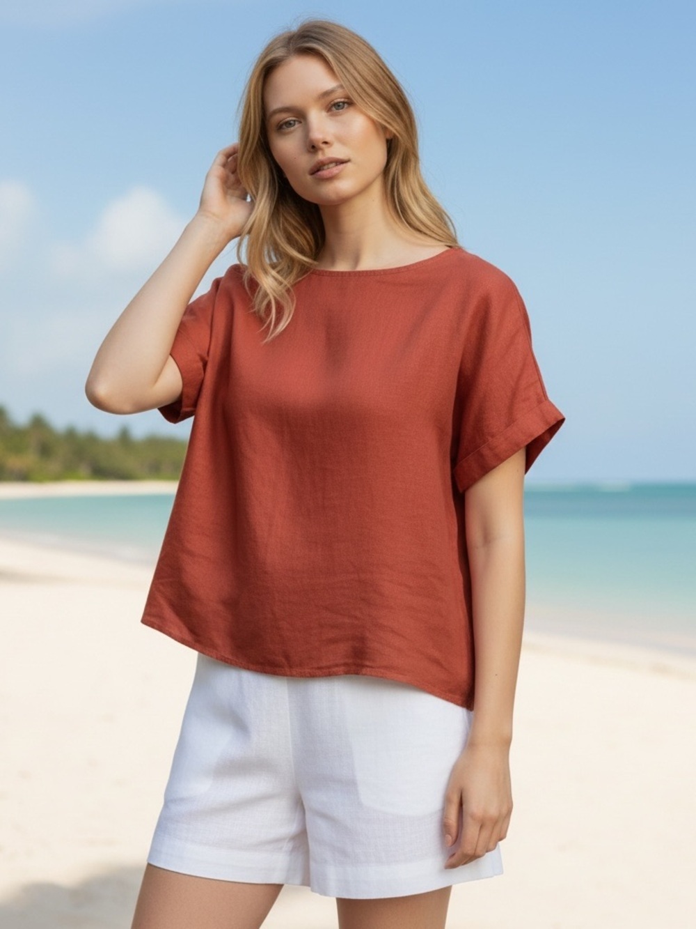 Rachel Zoe Linen Top XS Back Button Coastal Minimalist Chic Resort Capsule